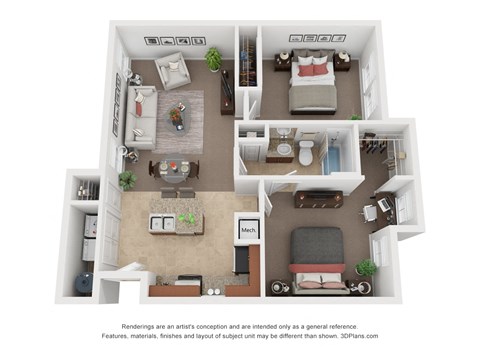 Floor plan for 2 beds, 1 bath, 857 sqft